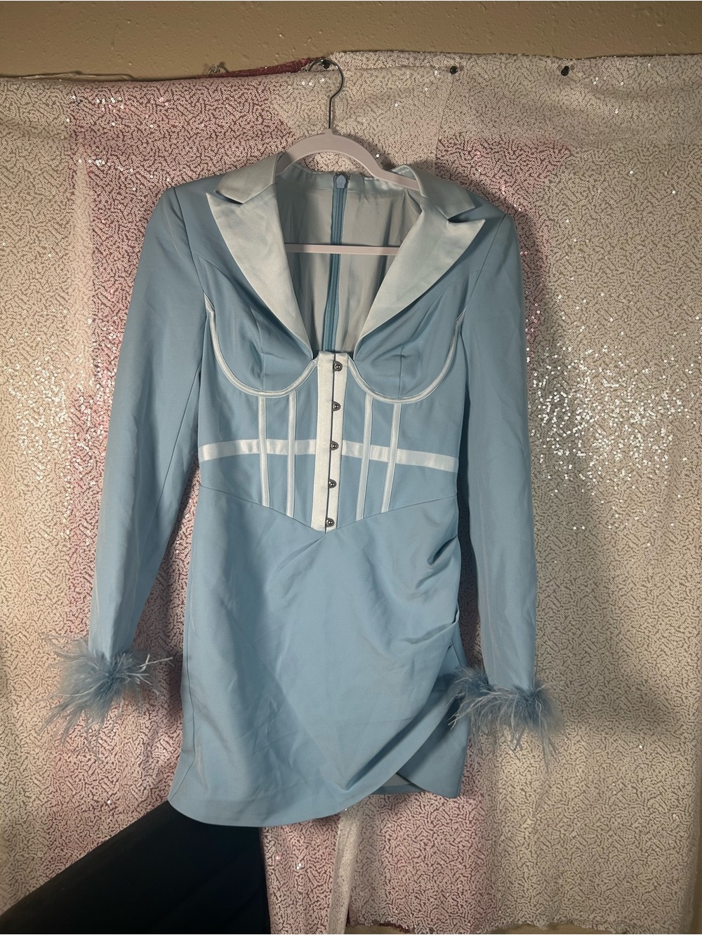 Lavish Alice Light Blue Corset Blazer Dress Feather Cuffs Size 8